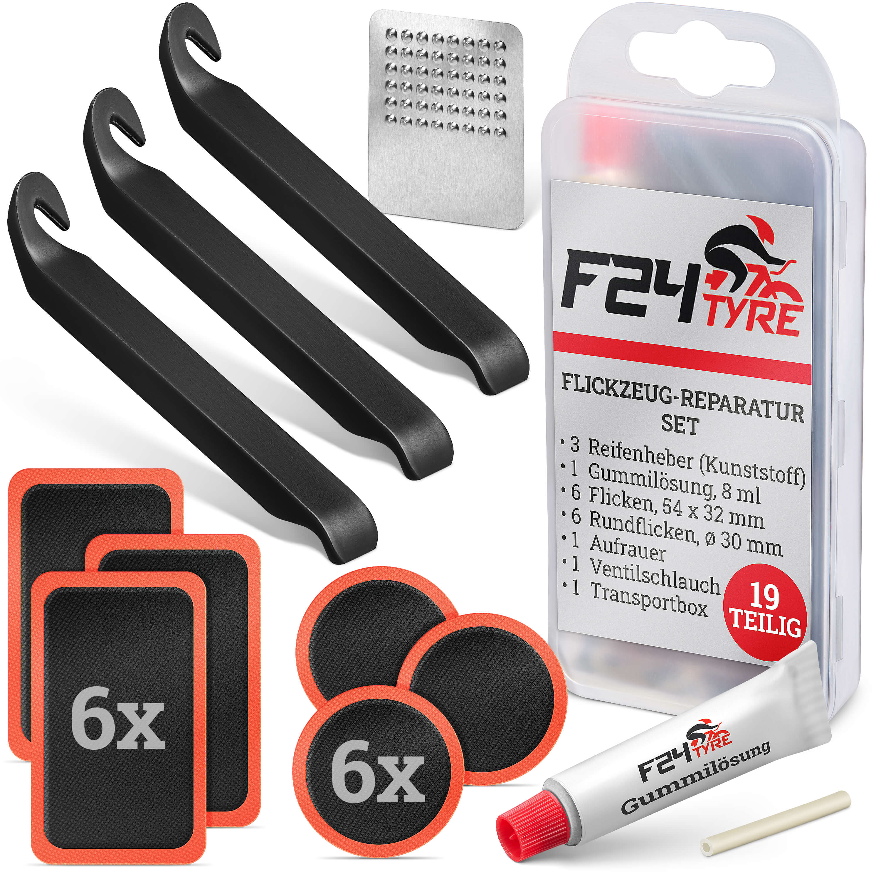 flickzeug fahrrad wo kaufen F24Tyre XXL Fahrradreifen Reparatursatz Komplett Flickzeug 19-teilig Flickset günstig kaufen